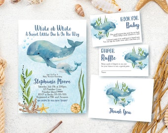 Whale Baby Shower Invitation Bundle, Nautical Shower Invite, Under the Sea Boy Baby Shower, Book Request, Diaper Raffle, Thank You Card W1