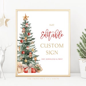 May include: A framed print featuring a watercolor Christmas tree decorated with ornaments and a star. The text reads "Editable Custom Sign" in red and gold. The print is 8x10 inches.