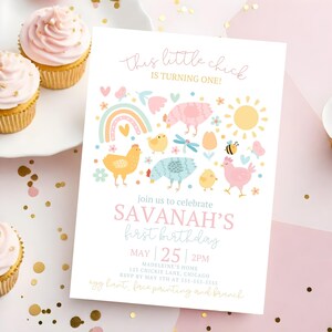 Editable Chicken Birthday Party Invitation This Chick Is Turning One Spring Farm Barnyard Chicken 1st Birthday Party Instant Download editable in Canva