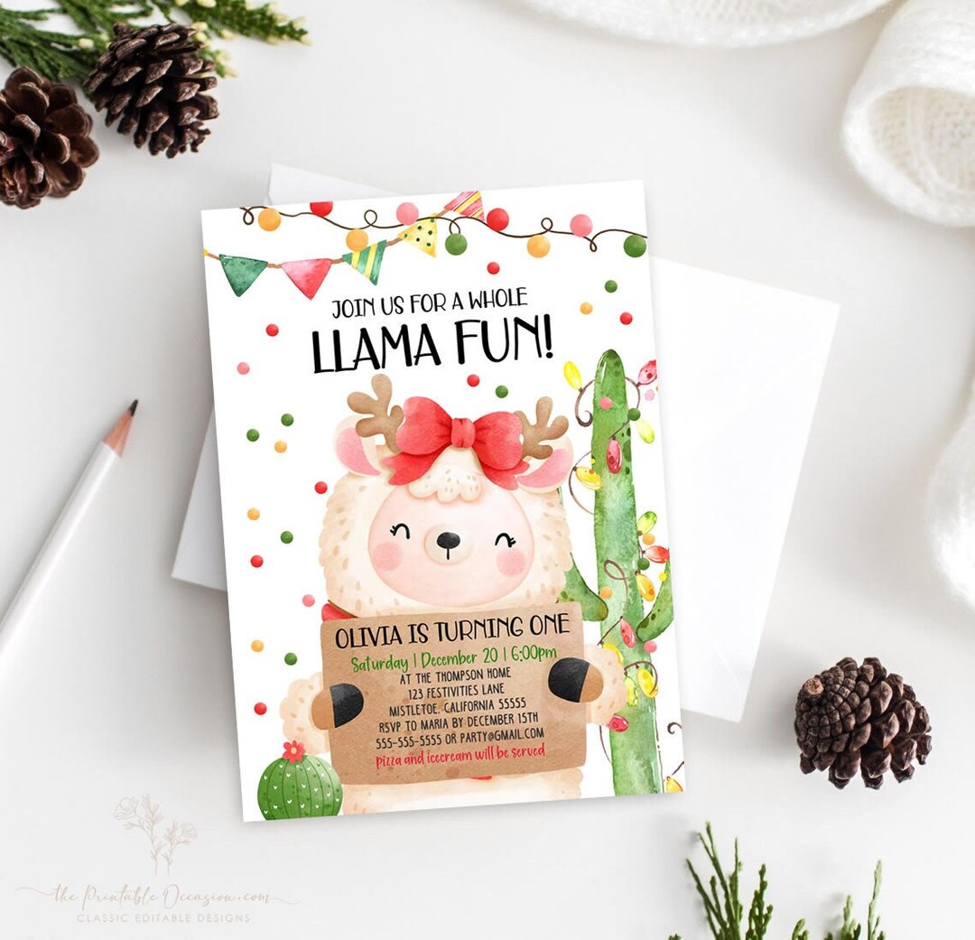 Whole Llama Fun Birthday Invitation Llama Christmas Birthday Invitation ...
