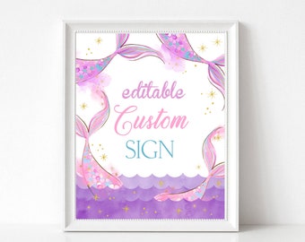 EDITABLE Mermaid Birthday Party Table Sign, Pink and Purple Mermaids Printable Party Sign, Mermaid Birthday Sign Baby Shower Sign SH2