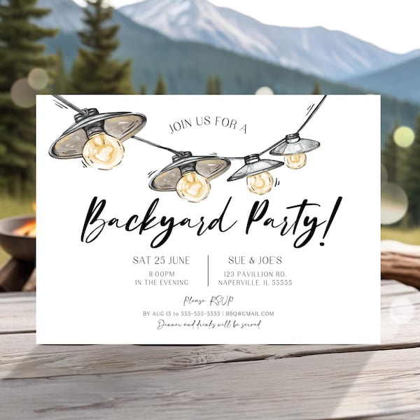 Backyard Party Invitation Editable Outdoor Party Invite String Lights Invitation Casual BBQ Party Invite Summer Party Printable Corjl