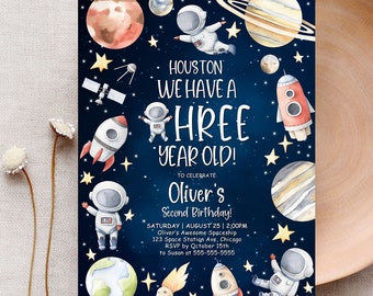 Outer Space Invitation Template Houston We Have A Three Year Old Third Birthday Party Space Invitation Birthday Party Invitation Canva SP1