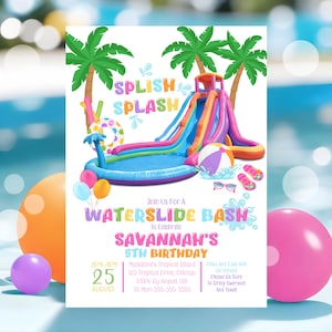 Rainbow Water Slide Birthday Splash Party Invitation Rainbow ANY AGE Unicorn Waterslide Birthday Bash Invitation Waterslide Digital W7a