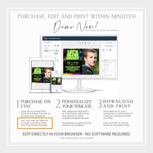 May include: A digital mockup showing how to purchase, personalize, and download a printable birthday invitation. The invitation features a neon green and black design with the text "Let's Glow Crazy" and a boy's name. The invitation is shown on a computer screen, tablet, and smartphone.