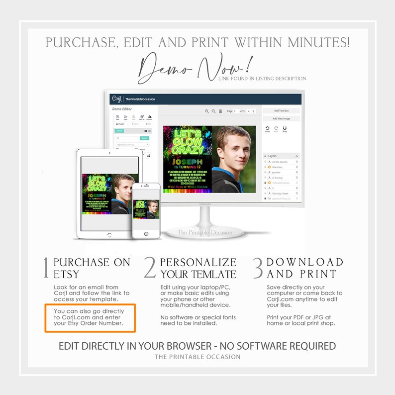 May include: A digital mockup showing how to purchase, personalize, and download a printable birthday invitation. The invitation features a neon green and black design with the text "Let's Glow Crazy" and a boy's name. The invitation is shown on a computer screen, tablet, and smartphone.