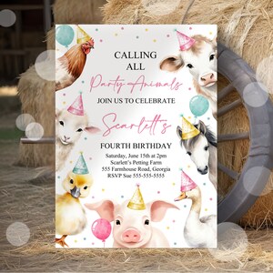 Editable Calling All Party Animals Farm Girl Birthday Invitation Pink Farm Birthday Party Invite Farm Animals Birthday Invitation Canva