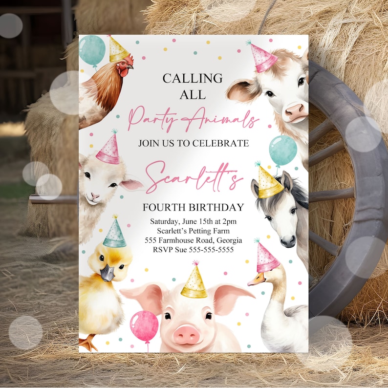 Editable Calling All Party Animals Farm Girl Birthday Invitation Pink Farm Birthday Party Invite Farm Animals Birthday Invitation Canva
