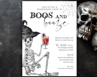 Sips About To Go Down Adult Halloween Invite Skeleton Boos and Booze Halloween Invitation Template Costume Party Instant Download SK1
