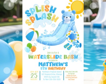 Jongens glijbaan verjaardagsuitnodiging zwembad feestuitnodiging zomer waterglijbaan Bash bewerkbare verjaardagsuitnodiging voor kinderen Splash Party afdrukbare W7D