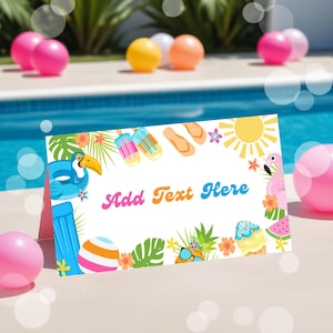 May include: A colorful card with a tropical theme, featuring illustrations of a toucan, flamingo, ice pops, and sunglasses. The card has the text "Add Text Here" in a playful font, surrounded by a border of tropical elements. Pink and yellow balls are in the background.