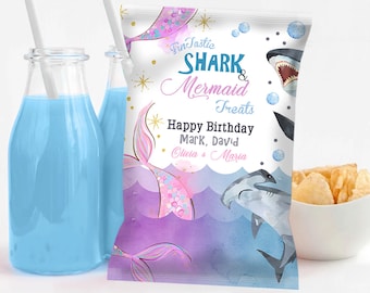 EDITABLE Shark and Mermaid Chip Bag Template, Printable Shark and Mermaid Chip Bag Wrapper, Chip Bag Label Pool Party Instant Download SH1