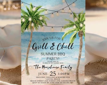 Editable Beach Party Invitation Grill and Chill Invitation Summer BBQ Party Tropical Beach Cookout Template Printable Ocean Party Invite BE1