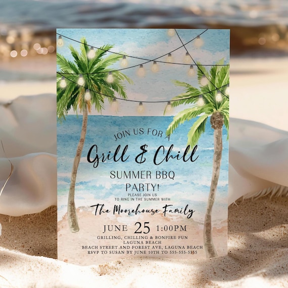 Editable Beach Party Invitation Grill and Chill Invitation Summer BBQ Party Tropical Beach Cookout Template Printable Ocean Party Invite BE1