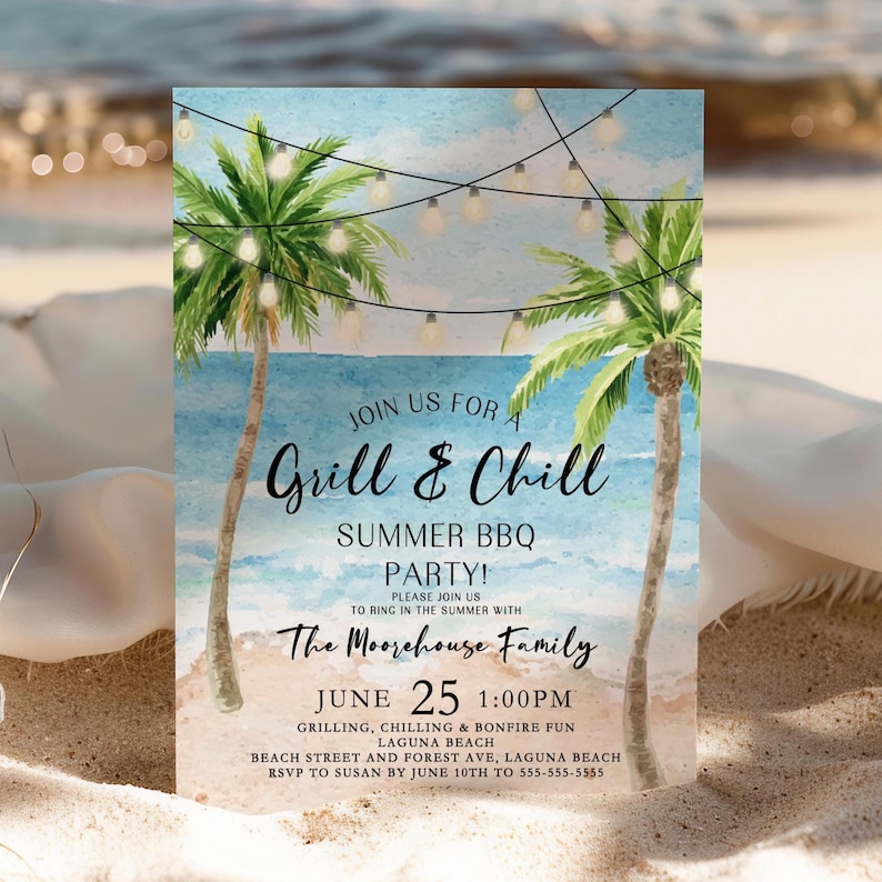 Editable Beach Party Invitation Grill and Chill Invitation Summer BBQ Party Tropical Beach Cookout Template Printable Ocean Party Invite BE1 image 1