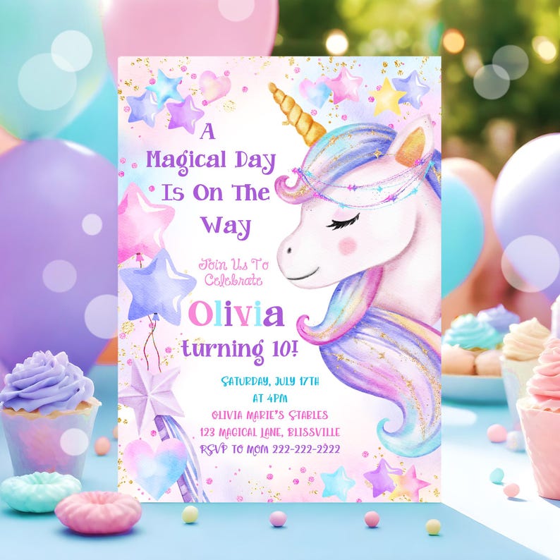 The Printable Occasions offers custom wedding birthday and baby shower templates for every celebration. Magical unicorn birthday invitation template with pastel balloons stars and watercolor rainbow hair unicorn illustration. Editable girl unicorn party invite comes with free matching favor tags. Printable digital download you can personalize in Corjl. Beautiful whimsical birthday stationery design for kids.