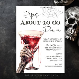 Sips About to Go Down Adult Halloween Invitation Adult Halloween Boos and Booze Invite Template Zombie Hand Sips About To Go Down Invite SK1