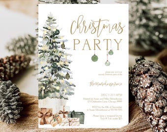 May include: Christmas party invitation with a watercolor Christmas tree, ornaments, and wrapped gifts. The invitation includes the text "Christmas PARTY" in gold script, along with event details and RSVP information.