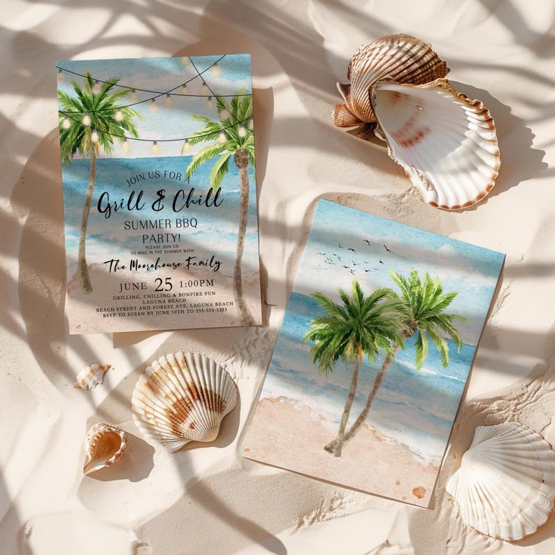 Editable Beach Party Invitation Grill and Chill Invitation Summer BBQ Party Tropical Beach Cookout Template Printable Ocean Party Invite BE1 image 3