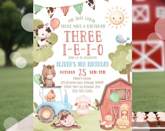 Farm Animal 3rd Birthday Invitation Editable Three-I-E-I-O Farm Invite Tractor Barn Animals Printable Farm Invitation Canva Template FA4