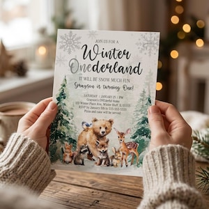 Winter ONEderland Woodland Birthday Invitation Template Editable Gender Neutral Winter ONEderland First Birthday Invite Animals Forest W2