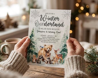 Winter ONEderland Woodland Birthday Invitation Template Editable Gender Neutral Winter ONEderland First Birthday Invite Animals Forest W2