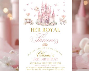 Princess Castle Invitation Template 3rd Birthday Princess Invitation Her Royal Threeness Princess Invitation Editable Canva Template PR2