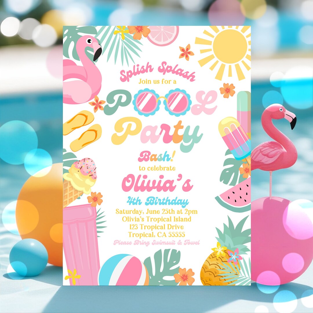 EDITABLE Pool Party Invitation Tropical Splish Splash Girly Pool Party ...