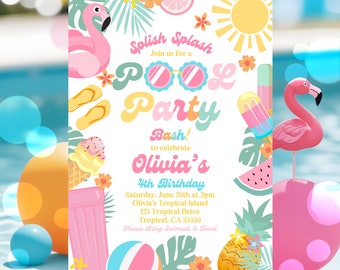 EDITABLE Pool Party Invitation Tropical Splish Splash Girly Pool Party Invitation Summer Swimming Pool Splash Pad Party Instant Download P4