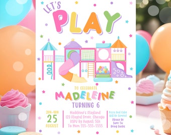 Editable Playground Birthday Party Invitation Let's Play Jungle Gym Party Indoor Playground Girl Soft Play Bounce & Jump Party Download PL3