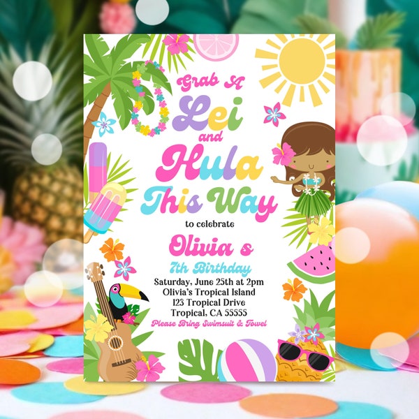 Editable Hawaiian Luau Birthday Invitation Pineapple Luau Pool Party Birthday Party Pineapple Hawaiian Birthday Luau  Instant Download TR4