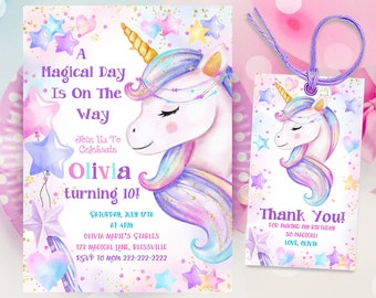 Unicorn Birthday Invitation Editable, Magical Unicorn Party Invite, Pastel Rainbow Unicorn Birthday, Instant Download Template UN1