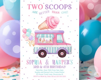 Editable Ice Cream Truck Twin Birthday Invitation Twin Ice Cream Birthday Invitation Two Scoops Are Better Than One Twin Instant Downloa C3C