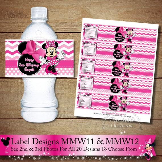 Items similar to ANY SET of TWO Pink Polka Dot and Chevron Minnie Mouse Water Bottle Labels ...