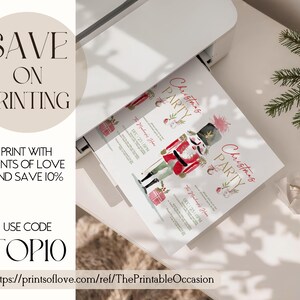 Printable Nutcracker Christmas Invitation template emerging from a home printer, showcasing easy print-at-home use. Surrounded by evergreen sprigs, wrapped gifts, and natural light, this mockup highlights convenience for DIY holiday party invitations or professional prints.