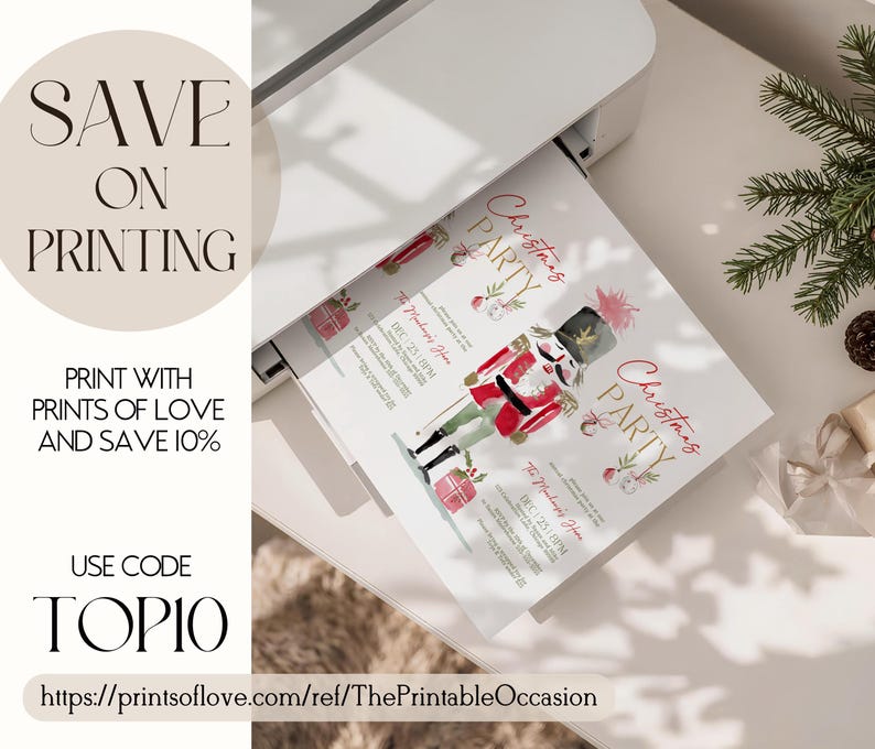 Printable Nutcracker Christmas Invitation template emerging from a home printer, showcasing easy print-at-home use. Surrounded by evergreen sprigs, wrapped gifts, and natural light, this mockup highlights convenience for DIY holiday party invitations or professional prints.
