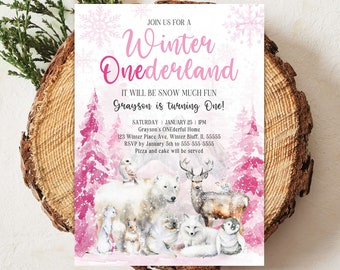 Girl's Winter ONEderland Arctic Animals Birthday Invitation Editable Girl's Arctic Animals Winter ONEderland First Birthday Invite Forest W4