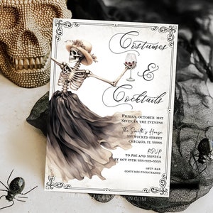 Halloween Costumes and Cocktails Invitation Gothic Adult Halloween Party Halloween Skeleton Invite Adult Halloween Costume Party Invite S1