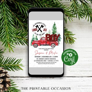 EDITABLE Lumberjack Baby Shower Invitation, Lumberjack Buffalo Plaid Rustic Red Truck Instant Download Printable Template Digital Corjl LJ image 2