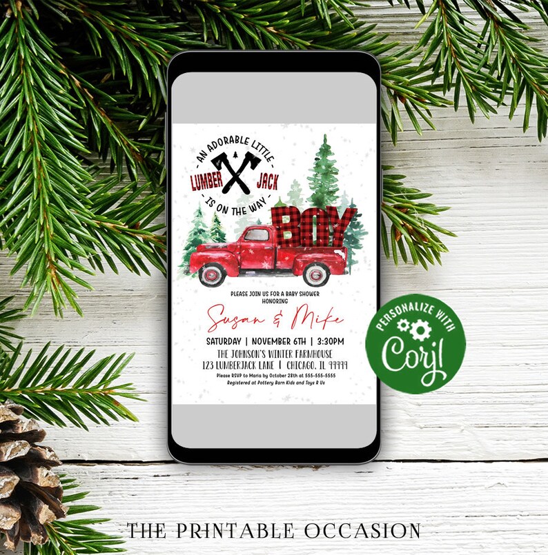 EDITABLE Lumberjack Baby Shower Invitation, Lumberjack Buffalo Plaid Rustic Red Truck Instant Download Printable Template Digital Corjl LJ image 2