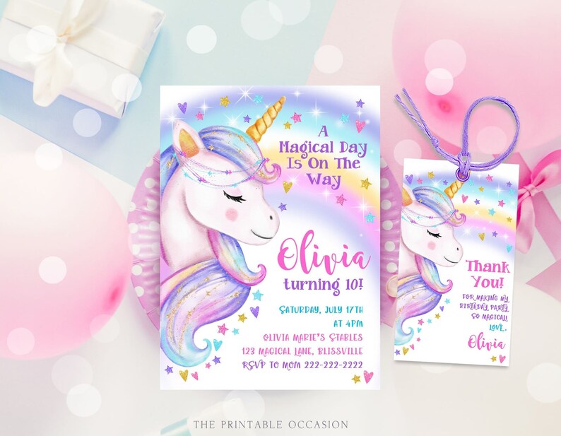 Unicorn Birthday Invitation Rainbow Unicorn Party Gold Glitter Pink Girl Magical Day Invites Digital Editable Printable Download UN1 image 1