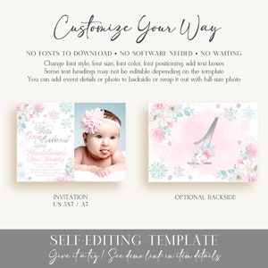 Girls Winter ONEderland Photo Invitation Template Pink Silver Teal ONEderland First Birthday Invitation Girl ONEderland Instant Download WL5 image 2