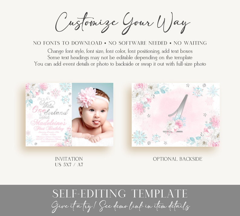 Girls Winter ONEderland Photo Invitation Template Pink Silver Teal ONEderland First Birthday Invitation Girl ONEderland Instant Download WL5 image 2