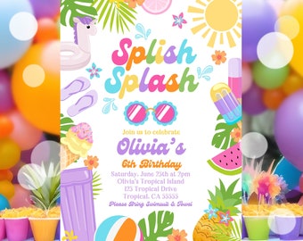 EDITABLE Tropical Splish Splash Water Birthday Party Invitation Girly Splash Pad Water Slide Paddling Pool Summer Party Instant Download P7