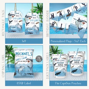 May include: A set of printable party decorations for a shark-themed birthday party. The set includes a banner with the words "Happy Birthday", a chip bag label with a shark design, a juice pouch label with a shark design, and a thank you tag with a shark design. The colors are blue, white, and gray.