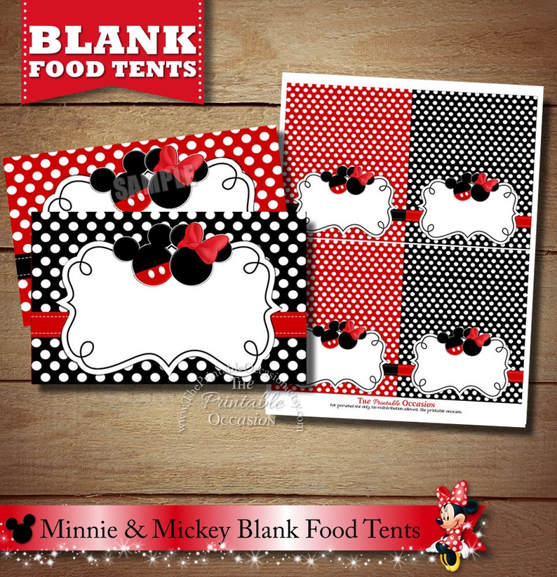 Red Minnie Mouse Placecards for Birthday Party or Baby Shower Red and Black Minnie Mouse Food Tents MMRY Blank Red Minnie Mouse Food Tents