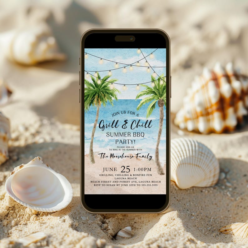 The Printable Occasions offers custom wedding birthday and baby shower templates for every celebration. This beach party invitation evite has watercolor tropical palms editable text and bright summer colors. Perfect for kids pool parties tropical birthday celebrations or adult beach parties. Edit in Canva and download unlimited times to print or send digitally.