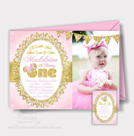 SAME DAY SVC Pink and Gold Minnie Mouse Invitation, Light Pink and Gold Glitter Invitation, Photo Invitation, Printable Invitation, Custom Il_570xn