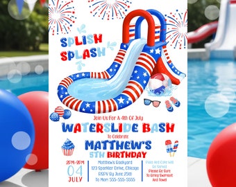 4th of July Waterslide Birthday Invitation Editable Pool Party Invite Red White Blue Splash Party Kids Summer Birthday Template