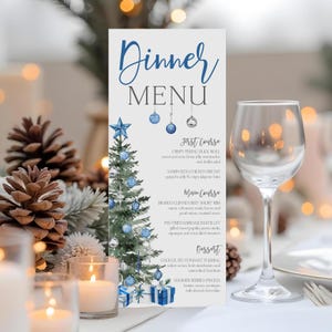 Editable Christmas Dinner Menu Template Blue Silver Christmas Tree Menu Card Template Christmas Dinner Menu Program Holiday Menu Corjl T2A